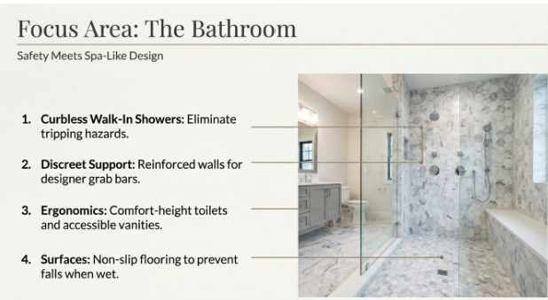 Focus Area: The Bathroom — curbless showers, discreet support, ergonomic fixtures, and non-slip surfaces