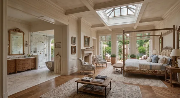 French luxury master bedroom with walkout garden