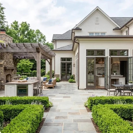A Trophy Custom Homes covered terrace with an outdoor kitchen, pergola, dining area, and manicured gardens